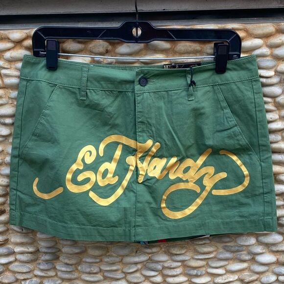 NWT New Ed Hardy Love Kills Slowly Olive Green Heart Skirt Medium Vintage - Picture 4 of 12